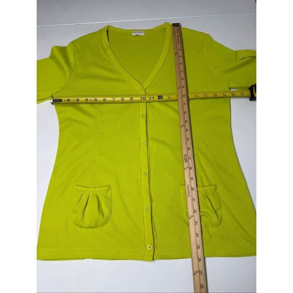 Melrose Chic Women’s Cardigan Size L Neon Green Ribbed Button Front Stretch Top